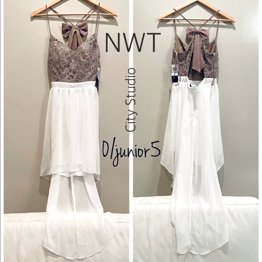 NWT (0-2) junior 5 high low taupe embroidered party dress open back bow